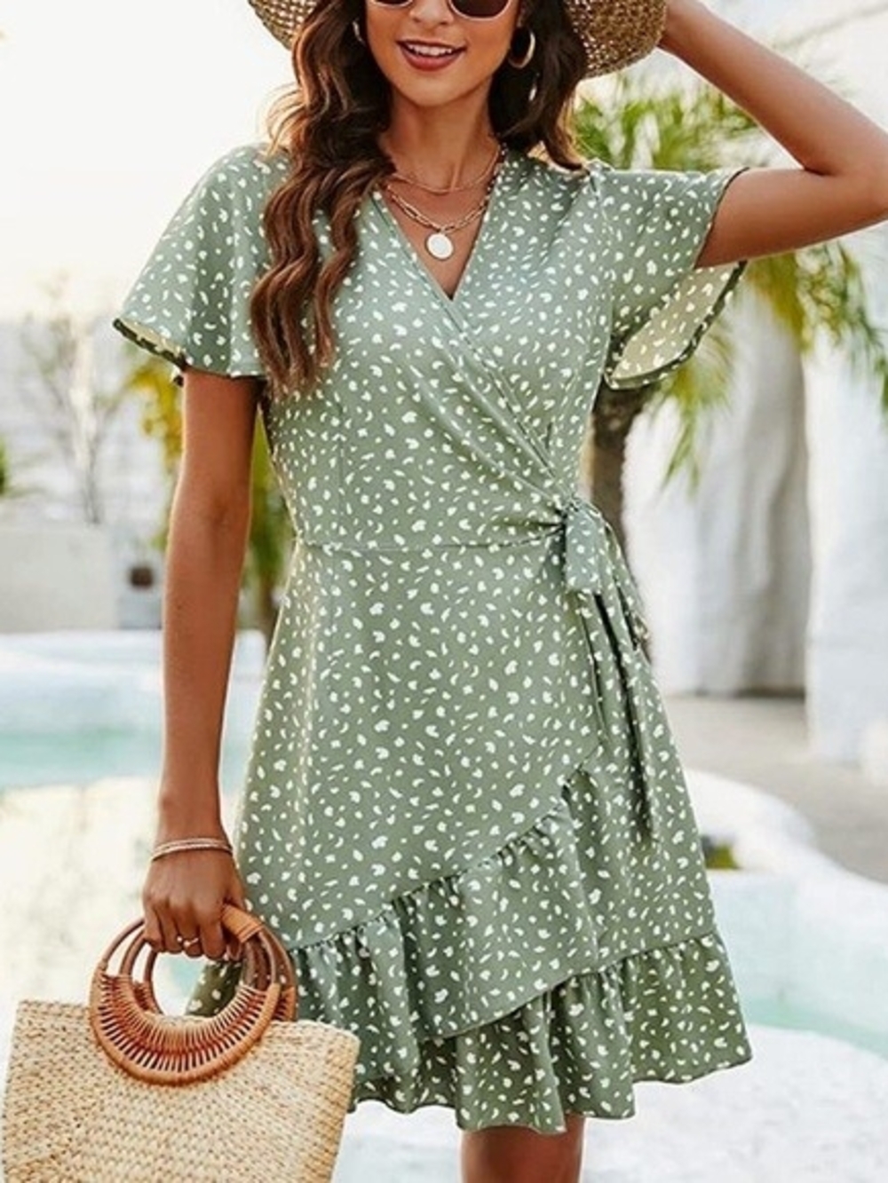 Naggoo Green Polka Dot Ruffle Wrap Dress Flutter Sleeve V-Neck Summer Mini NWT